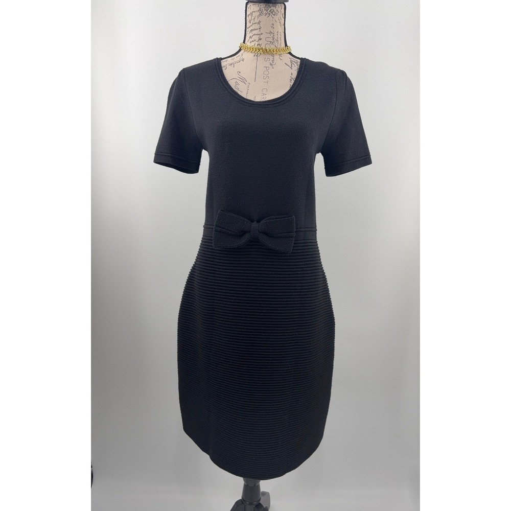 Kate Spade Midi Wool Ribbed Dress Medium Bow Waist Black Knit Classic Preppy